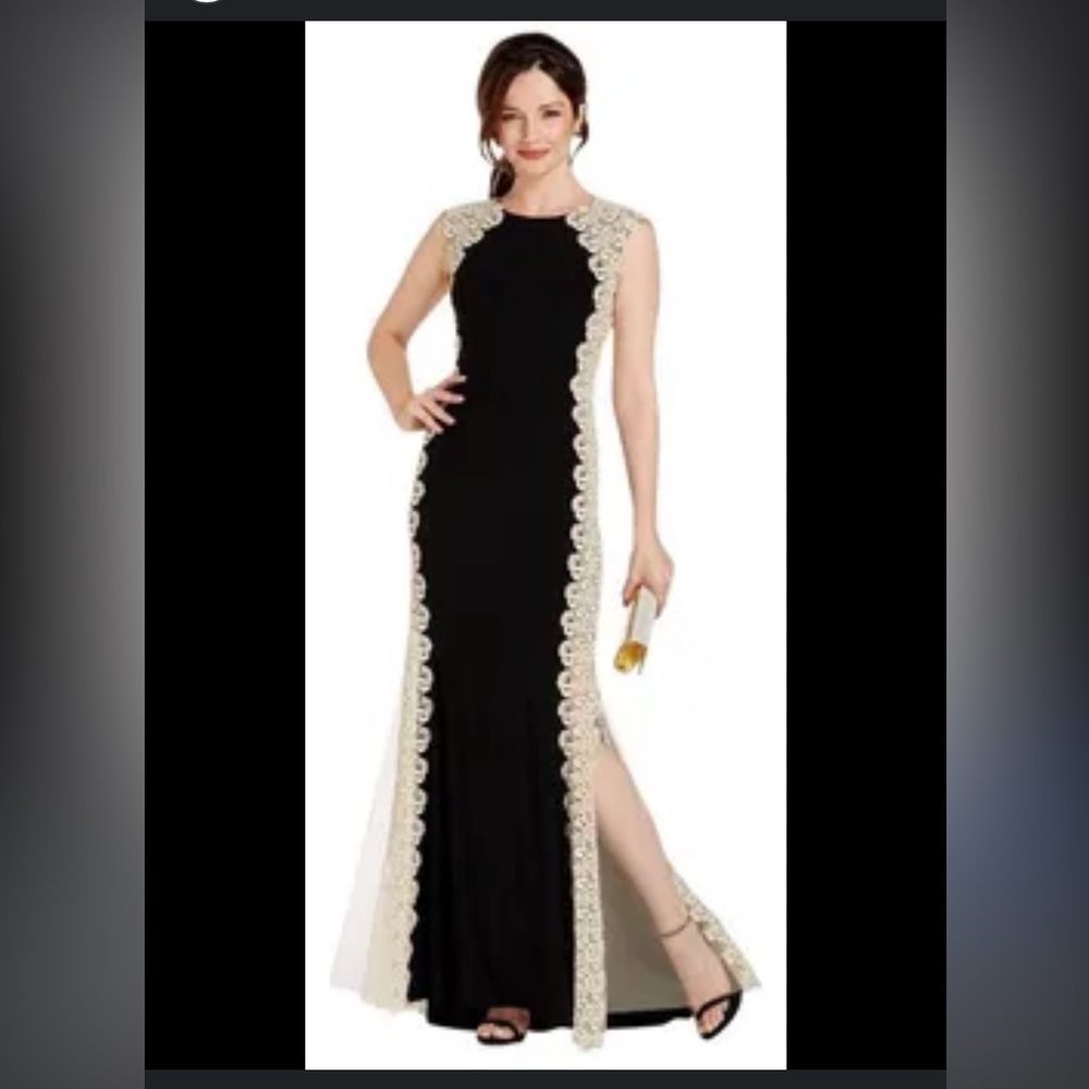 Xscape Black Maxi Gown with Metallic Ivory Lace Trim